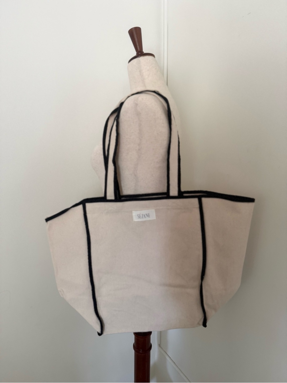 Sézane Cream Canvas Tote with Black Trim